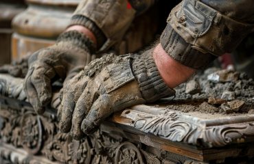 Close-up of craftsman's hands meticulously restoring intricate historic architectural details with care and precision.